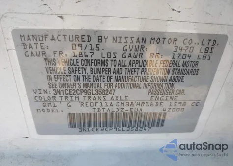 2016 Nissan Versa Note S (Sr)/S Plus/Sl/Sr/Sv from USA, damaged, VIN 3N1CE2CP9GL358247